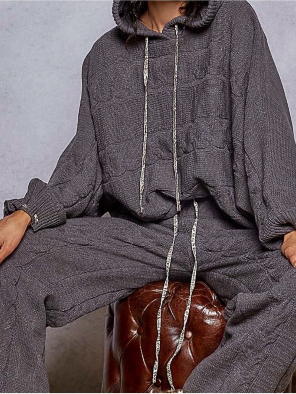 POL Charcoal Gray Cable-Knit Hoodie Sweater Set - Picture 7 of 10